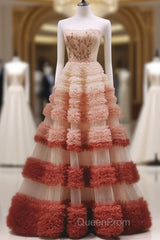 Gorgeous Balll Gown Strapless Tulle Pink Ruffles Long Evening Dresses Evening Prom Dresses