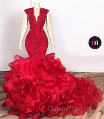Gorgeous Beads Appliques Red Evening Prom Dresses Ruffles Fit and Flare Alluring Evening Gowns
