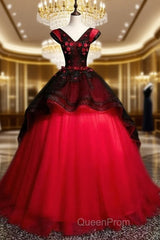 Gorgeous Black And Red Embroidery Quinceanera Dresses, Lace Applique Tulle Gowns