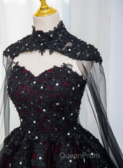 Gorgeous Black And Red Tulle Ball Gown Sweet 16 Dresses With Cape, Long Evening Prom Dresses