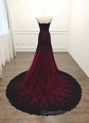 Gorgeous Black and Wine Red Mermaid Long Evening Gown Party Dresses, Sweetheart Lace Evening Dresses