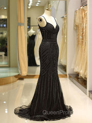 Gorgeous Black Evening Dresses Mermaid Luxury Heavy Beaded Straps Long Evening Dresses
