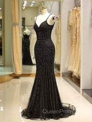 Gorgeous Black Evening Dresses Mermaid Luxury Heavy Beaded Straps Long Evening Dresses