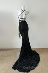 Gorgeous Black Sequin Mermaid Spaghetti Strap Vling Long Evening Prom Dresses Backless Formal Evening Dresses