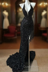 Gorgeous Black Sequin Mermaid Spaghetti Strap Vling Long Evening Prom Dresses Backless Formal Evening Dresses