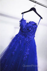 Gorgeous Blue Lace Floral Long Evening Prom Dresses, Blue Appliques Formal Evening Dresses, Blue Ball Gown