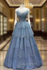 Gorgeous Blue Tulle Layers Beaded Long Wedding Party Dresses, Blue Evening Gown