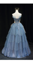 Gorgeous Blue Tulle Layers Beaded Long Wedding Party Dresses, Blue Evening Gown