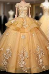 Gorgeous Champagne Ball Gown Sweet 16 Gown with Lace, Flowers Lace Evening Dresses