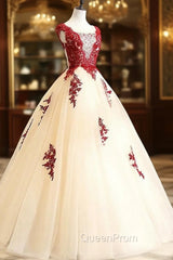 Gorgeous Champagne Tulle Long Sweet 16 Dresses with Red Lace, Evening Gown