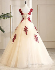 Gorgeous Champagne Tulle Long Sweet 16 Dresses with Red Lace, Evening Gown