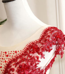 Gorgeous Champagne Tulle Long Sweet 16 Dresses with Red Lace, Evening Gown