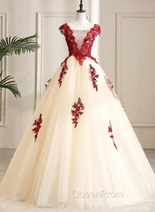 Gorgeous Champagne Tulle Long Sweet 16 Dresses with Red Lace, Evening Gown
