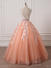 Gorgeous Coral Tulle High Quality V-neck Lace Appliques Beads Party Dresses, Long Evening Dresses