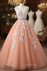 Gorgeous Coral Tulle High Quality V-neck Lace Appliques Beads Party Dresses, Long Evening Dresses
