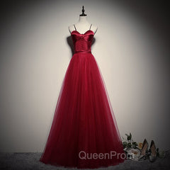 Gorgeous Dark Red Straps Tulle Long Party Dresses, A-line Evening Dresses
