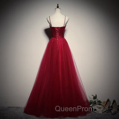Gorgeous Dark Red Straps Tulle Long Party Dresses, A-line Evening Dresses
