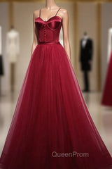 Gorgeous Dark Red Straps Tulle Long Party Dresses, A-line Evening Dresses
