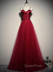 Gorgeous Dark Red Straps Tulle Long Party Dresses, A-line Evening Dresses