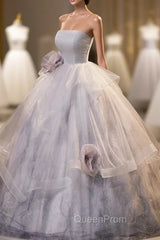 Gorgeous Gray Tulle Long Evening Dresses, Gray Strapless Evening Dresses