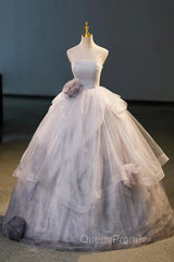 Gorgeous Gray Tulle Long Evening Dresses, Gray Strapless Evening Dresses