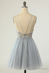 Gorgeous Grey Homecoming Dresses A Line Spaghetti Straps Short Prom Dresses with Beading