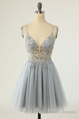 Gorgeous Grey Homecoming Dresses A Line Spaghetti Straps Short Prom Dresses with Beading
