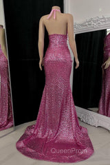 Gorgeous Halter Pink Evening Prom Dresses Sequins Sleeveless Long With Split