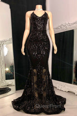 Gorgeous Halter V-Neck Sleeveless Mermaid Evening Prom Dresses Sequins Long