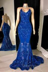 Gorgeous Halter V-Neck Sleeveless Mermaid Evening Prom Dresses Sequins Long