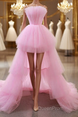 Gorgeous High Low Pink Tulle Long Evening Prom Dresses, Pink Tulle Formal Graduation Evening Dresses
