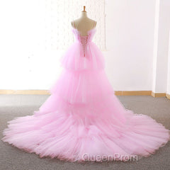 Gorgeous High Low Pink Tulle Long Evening Prom Dresses, Pink Tulle Formal Graduation Evening Dresses