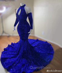 Gorgeous High Neck Long Sleeve Royal Blue Evening Prom Dresses Sequins Party Dresses