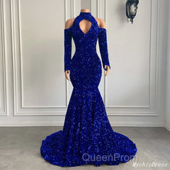 Gorgeous High Neck Long Sleeve Royal Blue Evening Prom Dresses Sequins Party Dresses