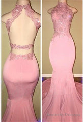 Gorgeous High Neck Pink Lace Prom Party GownsMermaid Long