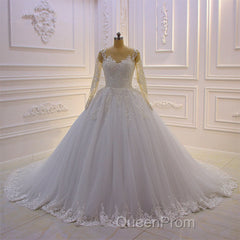 Gorgeous Long A-Line Bateau Pearl Tulle Appliques Lace Wedding Dresses with Sleeves