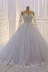 Gorgeous Long A-Line Bateau Pearl Tulle Appliques Lace Wedding Dresses with Sleeves