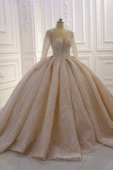 Gorgeous Long Ball Gown Bateau Crystal Wedding Dresses with Sleeves