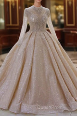 Gorgeous Long High neck Sequin Satin Ball Gown Wedding Dresses with Sleeves