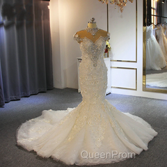Gorgeous Long Mermaid High Neck Appliques Lace Crystal Tulle Wedding Dresses