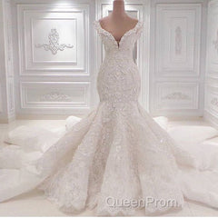 Gorgeous Long Mermaid V-neck Appliques Lace Ruffles Wedding Dresses