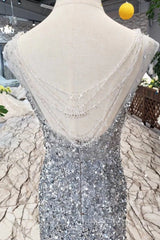 Gorgeous Mermaid Backless Silver Grey Sequins Evening Prom Dresses, Mermaid Silver Grey Formal Dresses, Shiny Silver Grey Evening Dresses