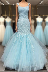 Gorgeous Mermaid Light Blue Lace Long Evening Prom Dresses, Light Blue Mermaid Lace Formal Dresses, Mermaid Lace Evening Dresses