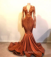 Gorgeous Mermaid V-neck Long Sleevess Evening Prom Dresses