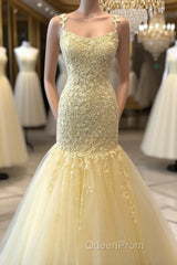Gorgeous Mermaid Yellow Lace Long Evening Prom Dresses, Mermaid Yellow Formal Dresses, Yellow Lace Evening Dresses
