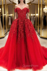 Gorgeous Off Shoulder Red Lace Long Evening Prom Dresses, Red Lace Formal Evening Dresses, Red Ball Gown