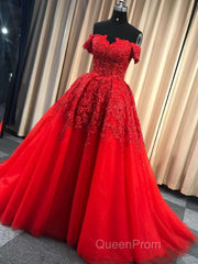 Gorgeous Off Shoulder Red Lace Long Evening Prom Dresses, Red Lace Formal Evening Dresses, Red Ball Gown