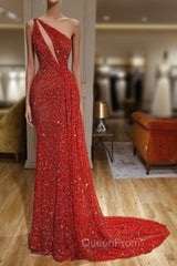 Gorgeous One Shoulder Red Sequins Long Evening Prom Dresses