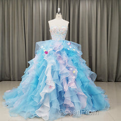 Gorgeous Organza Flowers Blue Sweet 16 Gown, Handmade Party Dresses