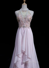 Gorgeous Pink A-Line Tulle High Neck Chiffon Long Beaded Backless Evening Prom Dresses Retro Wedding Birthday Dresses